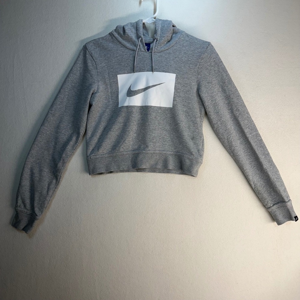 Nike Sportswear‎ Womens XS Gray Cropped Hoodie Box Logo Swoosh French Terry